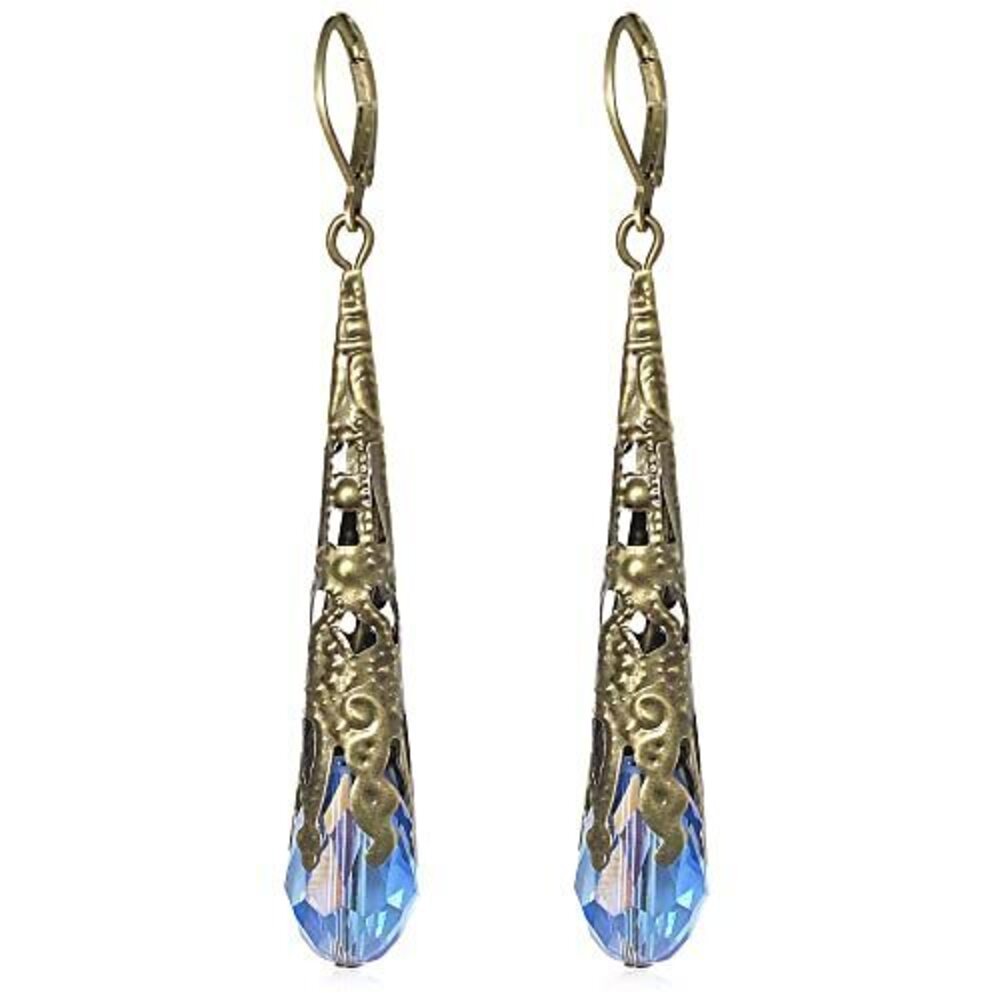 8765 Indian Ethnic Vintage Gold Brone Sparkly Crystal Teardrop Dangle Drop